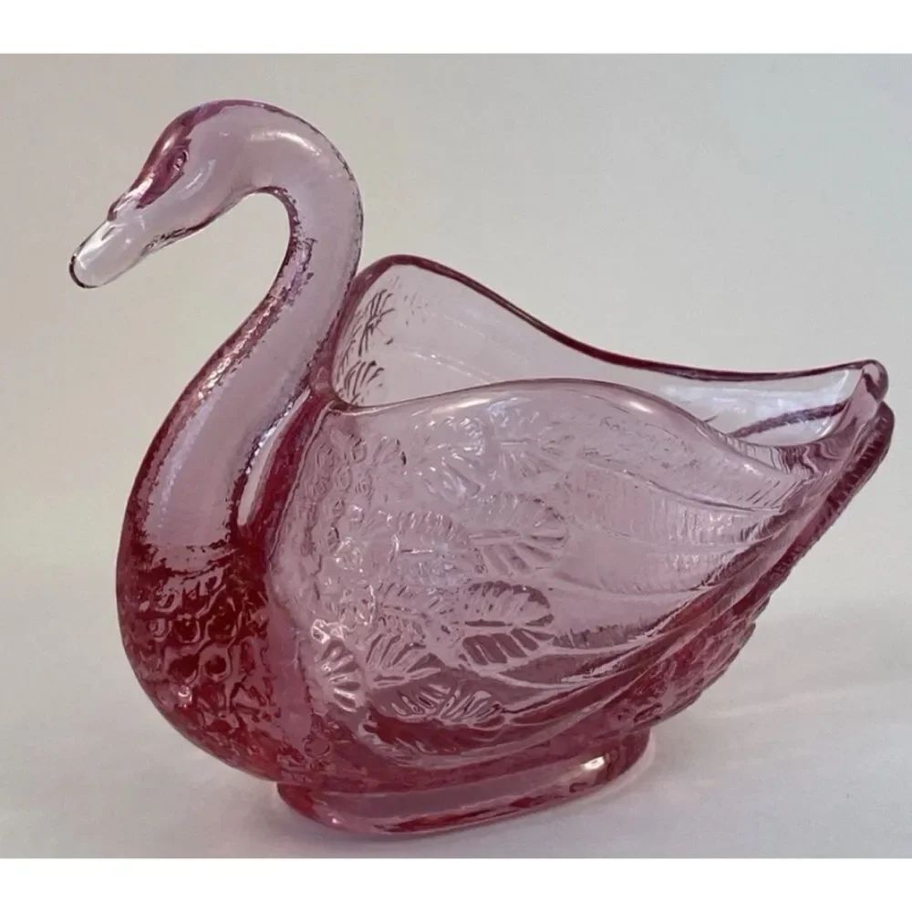 Vintage Fenton Art Glass Pink Fuchsia Open Swan Trinket Dish ~Stamped Logo